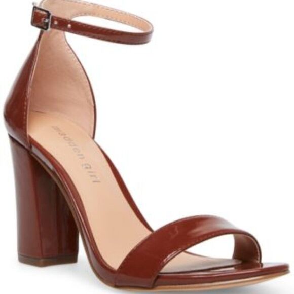 Madden Girl Bella Two-Piece Block-Heel Sandal Caramel Patent 8 NWT - Picture 1 of 2